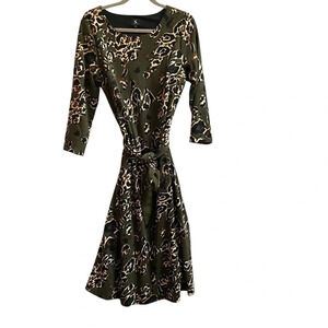 K design belted abstract printed long sleeve midi shift dress Sz XL